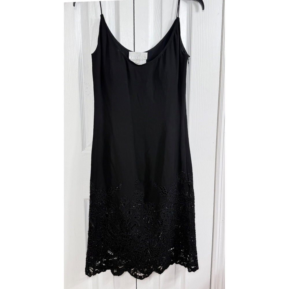 Vintage Badgley Mischka Dress Womens 8 Black Silk Beaded Lace Sequin Y2K Slip